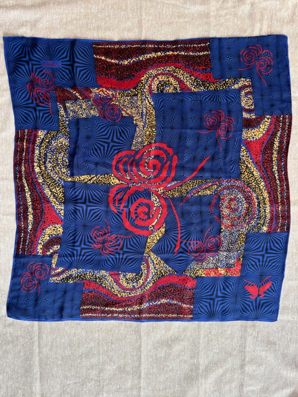 Vintage Lanvin Paris Silk Scarf Op Art Geometric Red Rose Butterfly Square 30x30